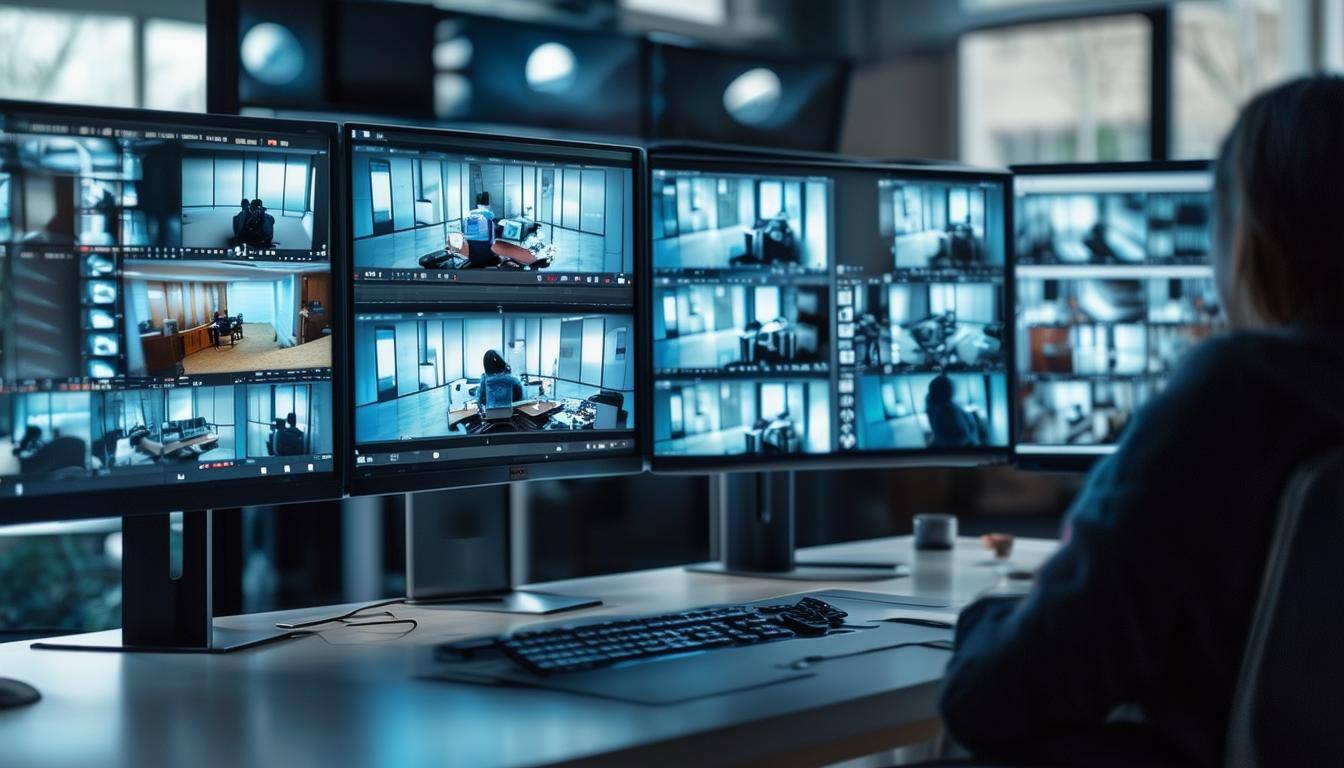 a person watching four computer monitors on a desk with images from security cameras-1