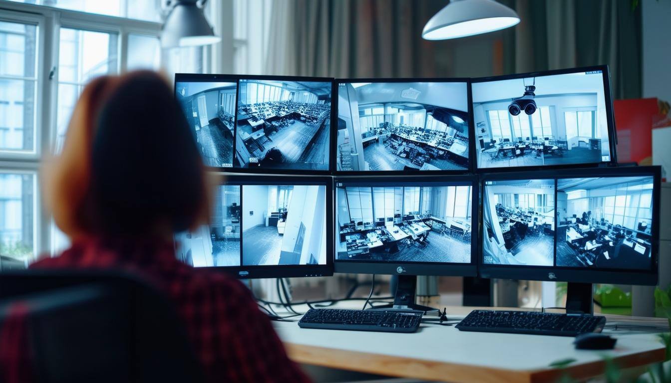 a person watching four computer monitors on a desk with images from security cameras